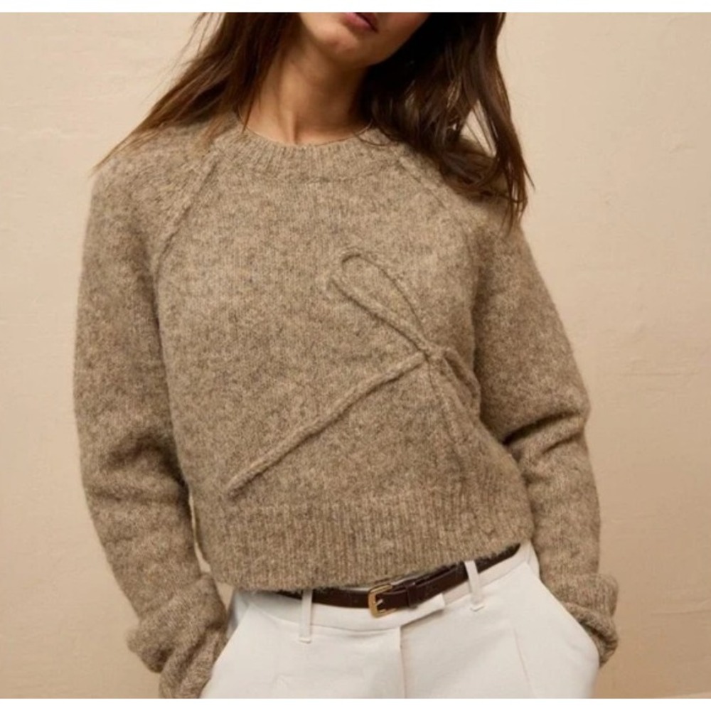 AE American Eagle Women's Cropped Crew Neck Bow Sweater Tan Small Cabincore
